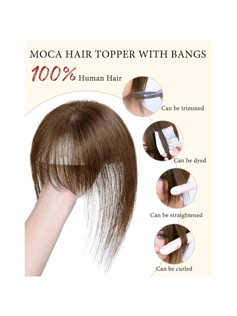 Women Brown Real Human Hair Topper 10 Inch Clip In Bangs Medium Silk BASE - Picture 4 of 7